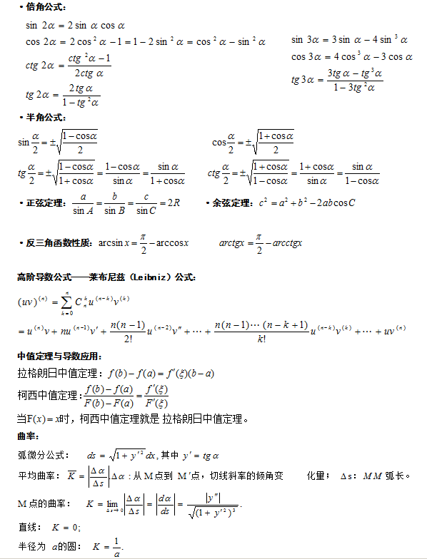 2020年江蘇成人高考高等數學（一）必背重要公式